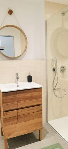 une salle de bain avec un lavabo et une douche dans l'établissement Casa FIORI - 2 personnes - Vue mer, à Pietrosella