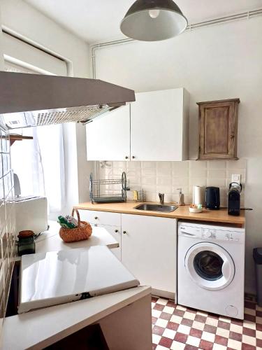 une cuisine avec un évier et une machine à laver dans l'établissement Appartement de charme centre ville Langeac, à Langeac