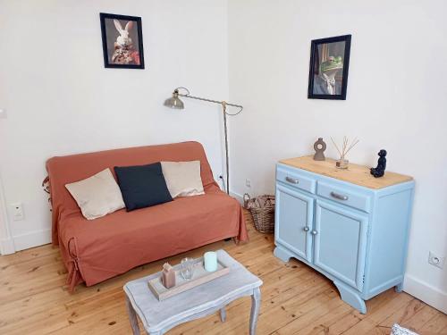 un salon avec un canapé et une table dans l'établissement Appartement de charme centre ville Langeac, à Langeac