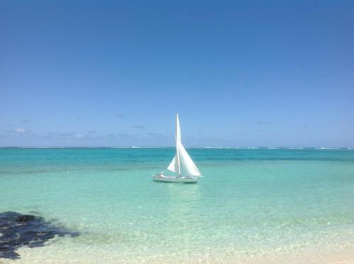 a sail boat in the water on a beach at Waka Lodge - House with garden in Blue Bay