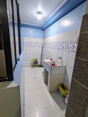 a bathroom with a sink and a tiled wall at Andes Apartment Sicuani in Sicuani