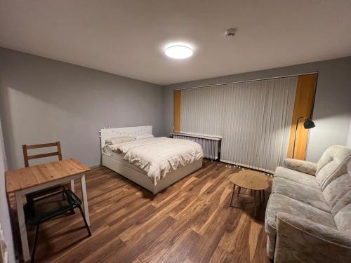 a bedroom with a bed and a couch and a table at Renovated apartment with Wi-Fi in Walkenried