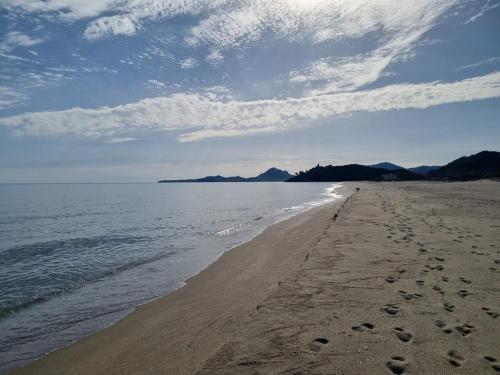 a beach with footprints in the sand and the water at Diongard House in San Vito