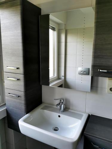 a bathroom with a sink and a mirror at Hennetraum in Meschede
