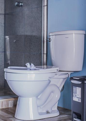 a white toilet sitting in a bathroom next to a shower at Finca Murillo in Monteverde Costa Rica