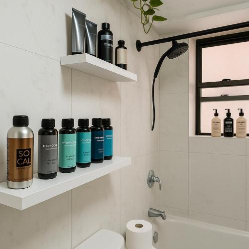 a bathroom with bottles on shelves above a toilet at Lavender style Room in Geusthouse in New York