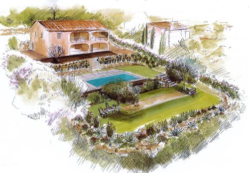 - un dessin d'une maison avec une piscine dans l'établissement Villa Chris t'AL Cargèse, à Cargèse