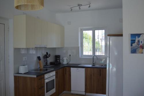 een keuken met houten kasten, een wastafel en een raam bij Villa Arcadia in Zakynthos