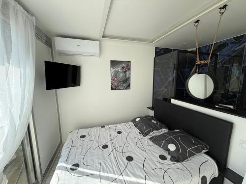 - une chambre avec un lit, un miroir et une télévision dans l'établissement Studio Naturiste WILD Heliopolis F 96, au Cap d'Agde