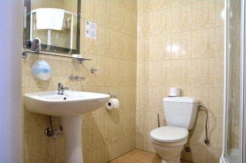 a bathroom with a sink and a toilet and a mirror at Nobilton Hotel in Kraków