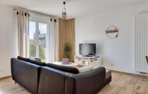 un salon avec un canapé en cuir et une télévision dans l'établissement 2 Bedroom Beautiful Home In Boulleville, à Boulleville