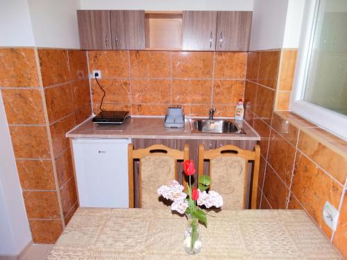 a small kitchen with a vase of flowers on a table at Vila Jenic in Soko Banja