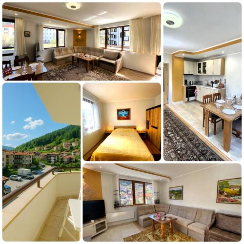 a collage of four pictures of a living room at Апартамент и Студио Перелик in Chepelare