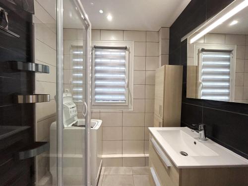 une salle de bain avec un lavabo et une douche dans l'établissement Charmant cocon avec terrasse en RDC proche plage, à Cabourg