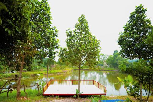 a small lake with a red platform next to a tree at Toki Homestay - Cawn in Sóc Sơn
