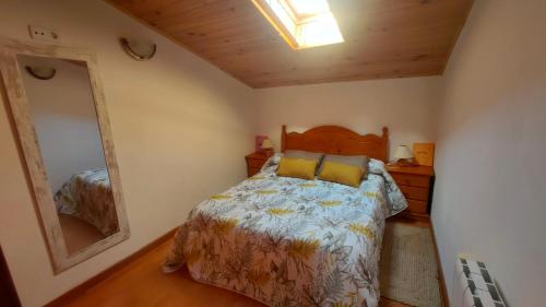 a bedroom with a bed and a mirror at La casa del Amo , Trasmoz Y Moncayo in Trasmoz