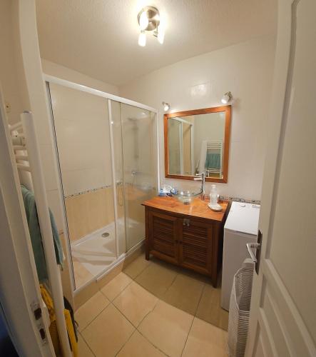 une salle de bain avec une douche, un lavabo et un miroir dans l'établissement Appartement proche centre-ville et plages, à Cavalaire-sur-Mer