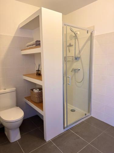 une salle de bain avec douche et toilettes dans l'établissement Charming 2-bedroom with sea and mountain views, à Bastia