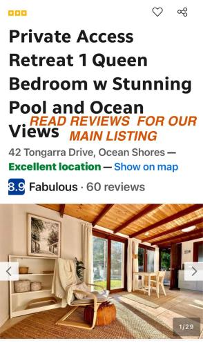 a advertisement for a room with a room with a living room at Tranquil Family Oceanview Pool Oasis Sleeps 6 in Ocean Shores