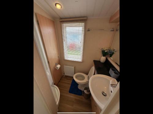 a small bathroom with a toilet and a sink at M9 luxury lodge style holiday home waterside Ingoldmells Skegness Santanavan 11 in Ingoldmells