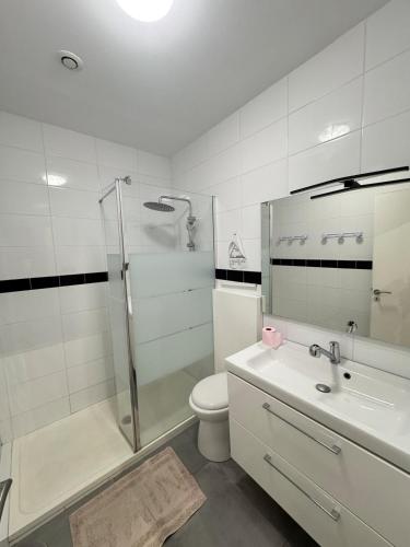 une salle de bain avec toilettes, douche et lavabo dans l'établissement Pierre's House, à Torreilles