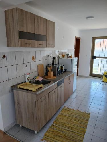 a kitchen with wooden cabinets and a counter top at Nani Apartman - Banja Ždrelo in Malo Laole