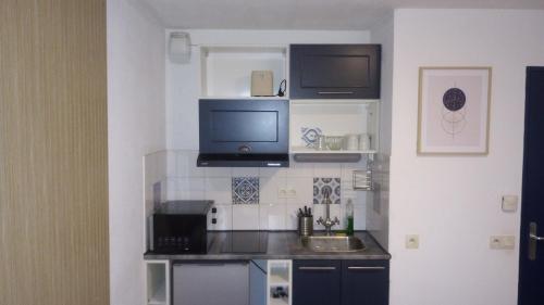 une petite cuisine avec un évier et un micro-ondes dans l'établissement La tanière des Papes, à Avignon