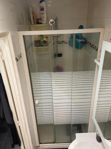 a glass shower in a bathroom with a toilet at Appartement Montrouge in Montrouge