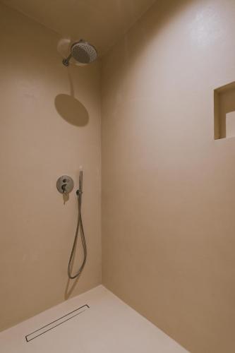 a room with a shower in the corner of a wall at Viento Luxury Apartments in Plomarion