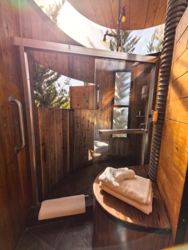 a bathroom with a sauna with a wooden wall at Chalet Contenedor con Hot Tub exterior exclusivo in Las Palmas