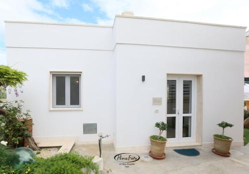 a white house with two potted trees in front of it at La Casetta in Tuglie
