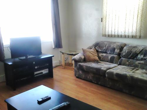 a living room with a couch and a flat screen tv at Vacation Cottage in Canora