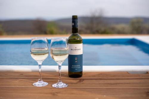 two glasses of white wine next to a bottle of wine at Káli Vineyard Estate in Köveskál