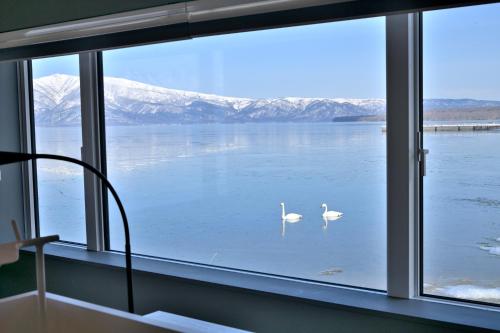two white swans swimming in the water through a window at Wakkanupuri Resorts in Teshikaga