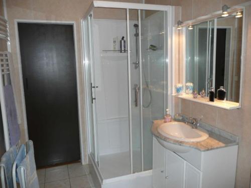 une salle de bain avec douche et lavabo dans l'établissement Appartement 2P Climatisé Face Mer à Canet-en-Roussillon - FR-1-833-7, à Canet