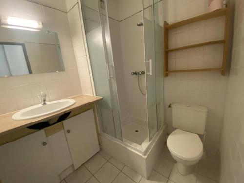 une salle de bain avec une douche, des toilettes et un lavabo dans l'établissement Studio avec Terrasse et Parking à Canet-en-Roussillon - FR-1-833-9, à Canet