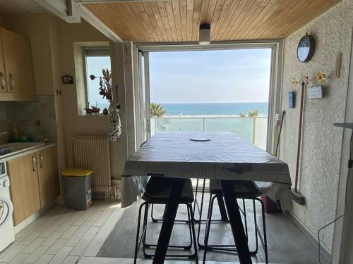 - une table dans la cuisine avec vue sur l'océan dans l'établissement Grand 3 pièces face mer, animaux admis - FR-1-833-11, à Canet