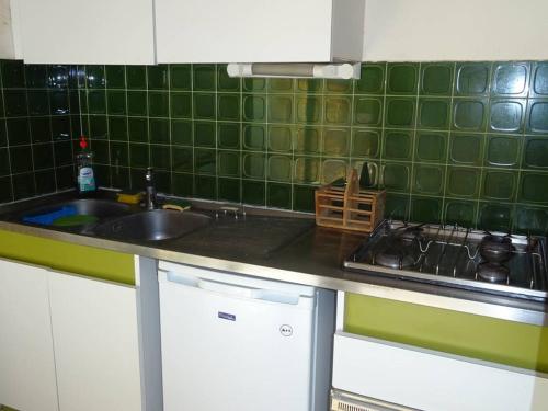 - une cuisine carrelée de vert avec évier et cuisinière dans l'établissement Appartement Climatisé avec WIFI et Animaux admis - Vue sur Mer - FR-1-833-19, à Canet