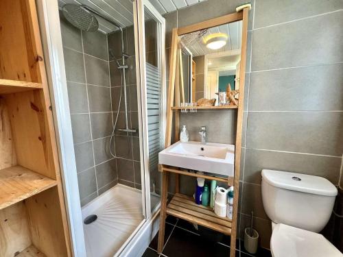 a bathroom with a shower and a sink and a toilet at Belz - Maison de vacances 3 pièces, jardin clos - FR-1-479-227 in Belz