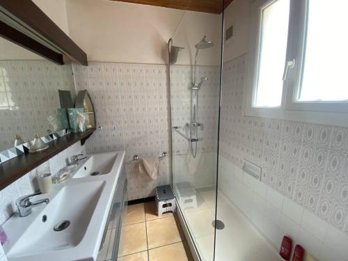 une salle de bain avec un lavabo et une douche dans l'établissement Maison atypique pour 8 pers., animaux acceptés, terrasses - FR-1-833-31, à Canet