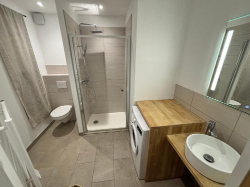une salle de bain avec un lavabo, des toilettes et une douche dans l'établissement appartement F2 PORTICCIO Proche plage, à Albitreccia
