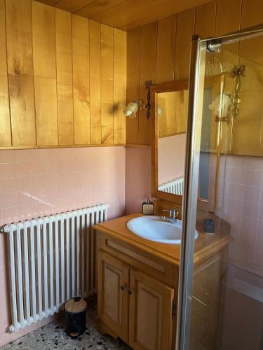 une salle de bain avec un lavabo et un miroir dans l'établissement Le Gîte Robert, à Villard-de-Lans