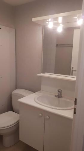 une salle de bain blanche avec un lavabo et des toilettes dans l'établissement Joli studio meublé + parking en sous sol, à La Rochelle