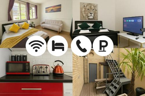 a collage of photos of a room with a bedroom at Trendy 2Bed flat Bethnal Green in London
