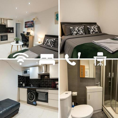 a collage of four pictures of a bedroom at Studio Flat in Stepney-Limehouse - Central London in London