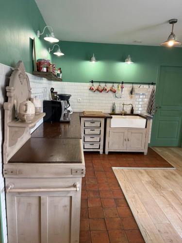 Dapur atau dapur kecil di Capsule villa champêtre piscine billard