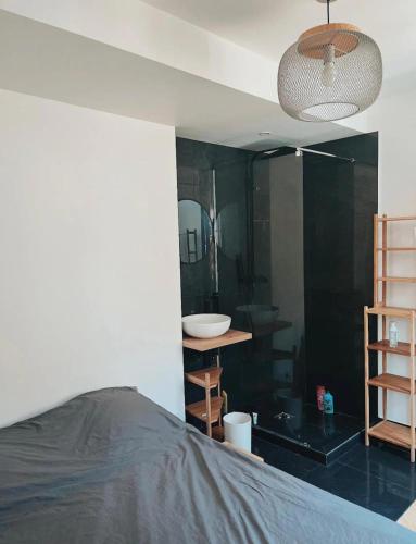 une chambre avec un lit et une salle de bain avec un lavabo dans l'établissement Nice vieille ville appartement design, proche de tout, à Nice