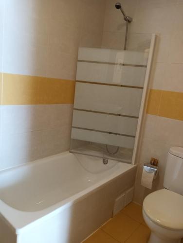 a bathroom with a bath tub and a toilet at Casa el patio in Ampuero