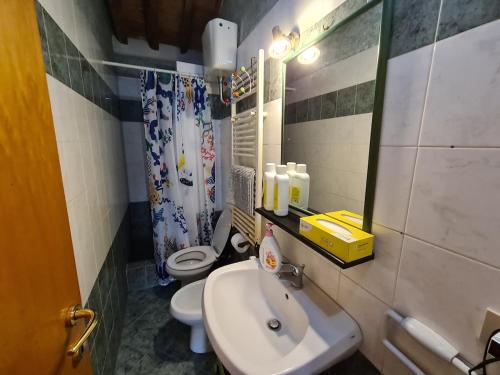 ein Badezimmer mit Waschbecken, Toilette und Spiegel in der Unterkunft Charming base in Tuscany in Chiesina Uzzanese