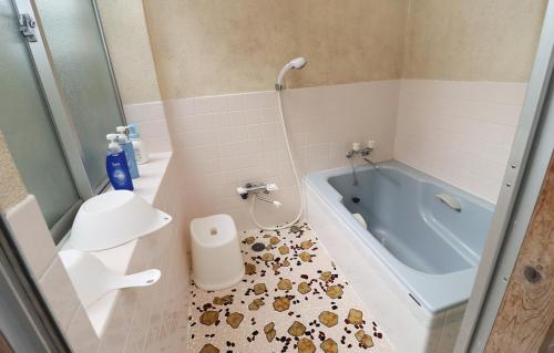 a bathroom with a tub and a toilet and a sink at GLOCE sado ベースキャンプ 松ヶ崎 ワンちゃんと泊まれます in Sado